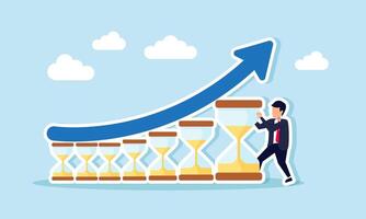 A businessman arranges a row of hourglasses forming a rising blue chart, illustration of effective and efficient time management to improve business performance and profit vector
