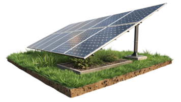 A solar panel installed on a ground-mounted frame surrounded by vibrant green grass and soil. The setup highlights sustainable energy within a natural environment png