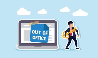 A businessman carries a key walking away from a laptop displaying OUT OF OFFICE, illustration of resigning from an office or company with strong problem-solving skills vector