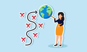 A businesswoman explains with a pointer about a path like a map leading to a globe, illustration of mitigation and planning for a business company to go international vector