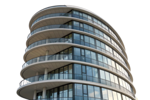 Multi-story curved building with reflective windows, expansive balconies, and minimalist design, blending modern living spaces with city aesthetics and airy elegance png