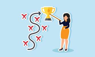 A businesswoman explains with a pointer about a path like a map leading to a trophy, illustration of mitigation and planning in the vision of becoming a leading company vector
