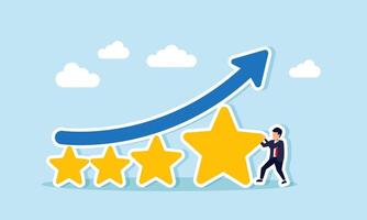 A businessman arranges a row of stars forming a rising blue chart, illustration of designing standardization to improve business product and service quality vector