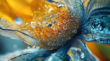 A close up of a blue flower with water droplets photo