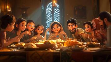 The family is gathered around a table for thanksgiving photo