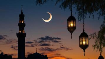Islamic crescent and mosque at sunset photo