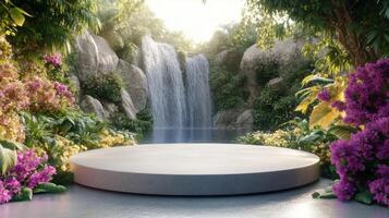 podium natural plant mockup fragrance display. Serene Waterfall Oasis Concrete Platform in Lush Tropical Garden. photo
