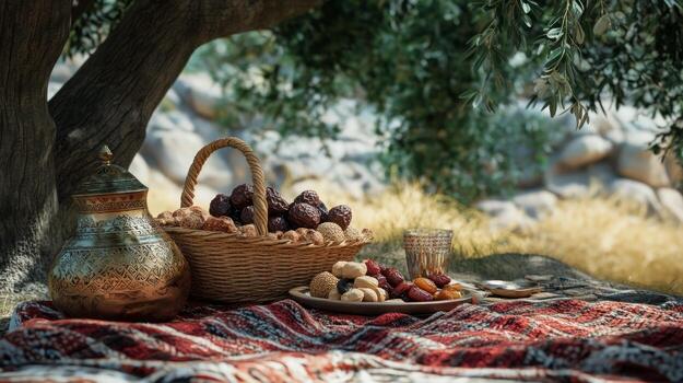 A picnic under the tree with a basket of dates and a jug of water photo