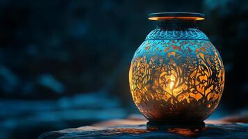 A lamp with a candle lit on top of a stone photo