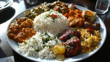 A plate of food with rice, meat, and vegetables photo