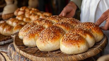 A man holding a basket of breads photo
