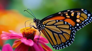 A monarch butterfly is perched on a pink flower photo