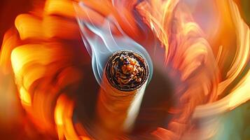 A close up of a burning cigarette with a swirling flame photo