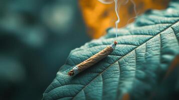 A cigarette is sitting on top of a leaf photo