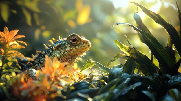 A lizard is sitting in the grass with some flowers photo