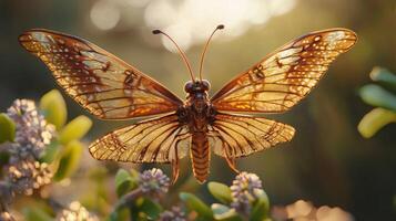 A butterfly is sitting on a plant with the sun shining photo
