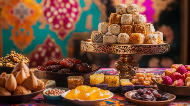 A table with various types of sweets and desserts photo
