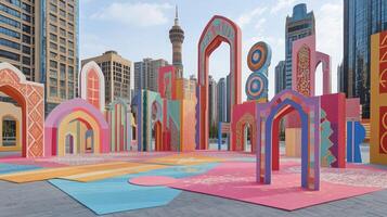 A colorful display of colorful blocks in front of buildings photo