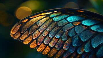 A close up of a butterfly wing with colorful wings photo
