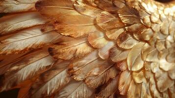 Golden angel wings with feathers on a black background photo
