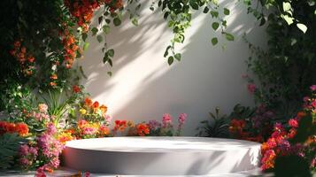 A white stage surrounded by flowers and greenery photo
