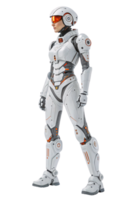 White-armored robot with segmented plating, glowing orange highlights, emphasizing mobility, innovation, and a futuristic functional design png