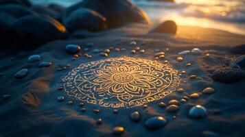 A mandala is drawn on the sand with stones photo