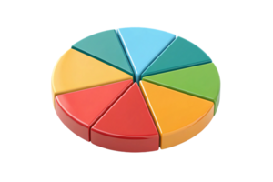 A vibrant 3D pie chart with eight equally divided sections in yellow, orange, red, green, blue, and teal, representing dynamic data visualization png