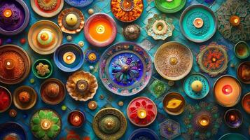 A colorful wall with many different colored plates photo