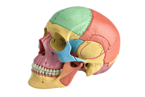 A detailed anatomical model of a human skull with multicolored sections representing various bones, showing sutures and structure for educational or medical reference png