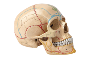 A detailed anatomical model of a human skull, showcasing colorful nerves, arteries, and sutures, with realistic textures and visible cranial structure png