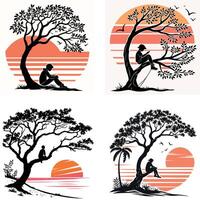 A serene silhouette of a couple sitting on a bench under a tree, with faint leaves falling around them, evoking themes of love and connection in a peaceful setting. vector
