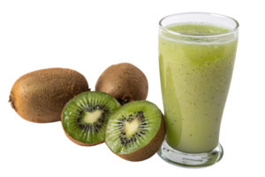 A kiwi smoothie in a tall glass with ripe kiwis alongside, presenting a refreshing and nutritious snack or drink png