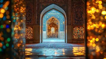 The entrance to a mosque with lights on photo