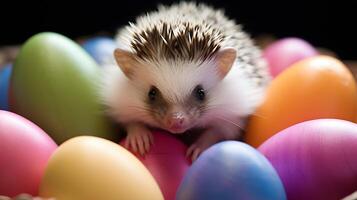 A tiny hedgehog surrounded by colorful easter eggs indoor setting close-up view enchanting background photo