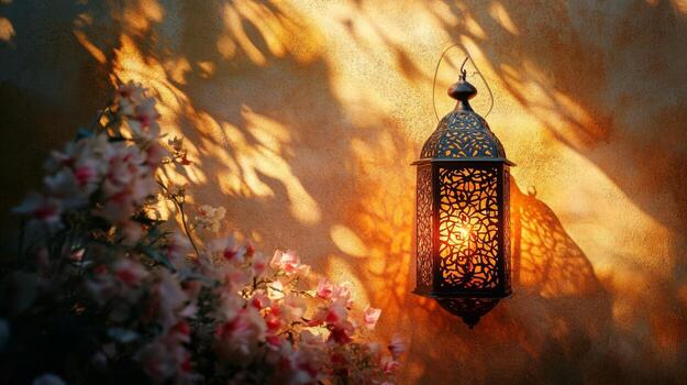 A lamp on a wall with flowers in the background photo