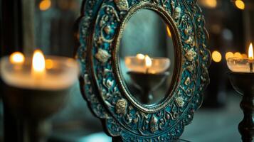 Candles are lit in front of a mirror photo