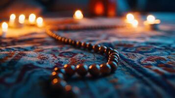 A candle is lit on a bed with a rosary in the background photo