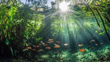 The sun shines through the water and over the plants photo