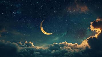 The crescent moon is seen in the sky with clouds and stars photo