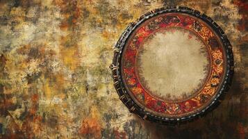 An old mirror on a wall with a colorful pattern photo