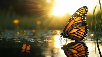un monarca mariposa es sentado en el agua con el Dom brillante foto