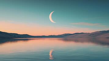 A crescent moon is reflected in the water photo