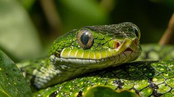 A close up of a green snake with a blue eye photo