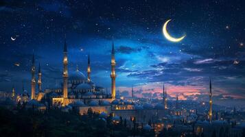 The night sky with a mosque and crescent moon photo