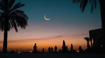 People standing in front of a crescent moon and palm trees photo