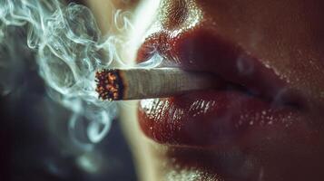 A close up of a woman's lips with smoke coming out photo