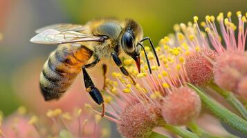A bee is on a flower with a yellow pollen photo
