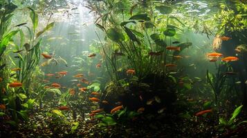 An aquarium with many fish swimming in it photo