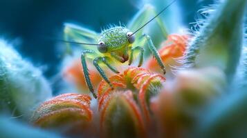 A grasshopper is sitting on top of a flower photo